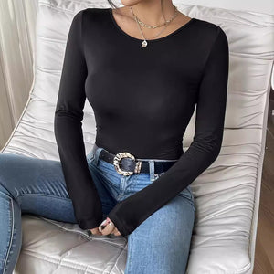 2025 new elegant back hollow sticker Hu Die lace long - sleeved solid color T-shirt slim top - Negative Apparel