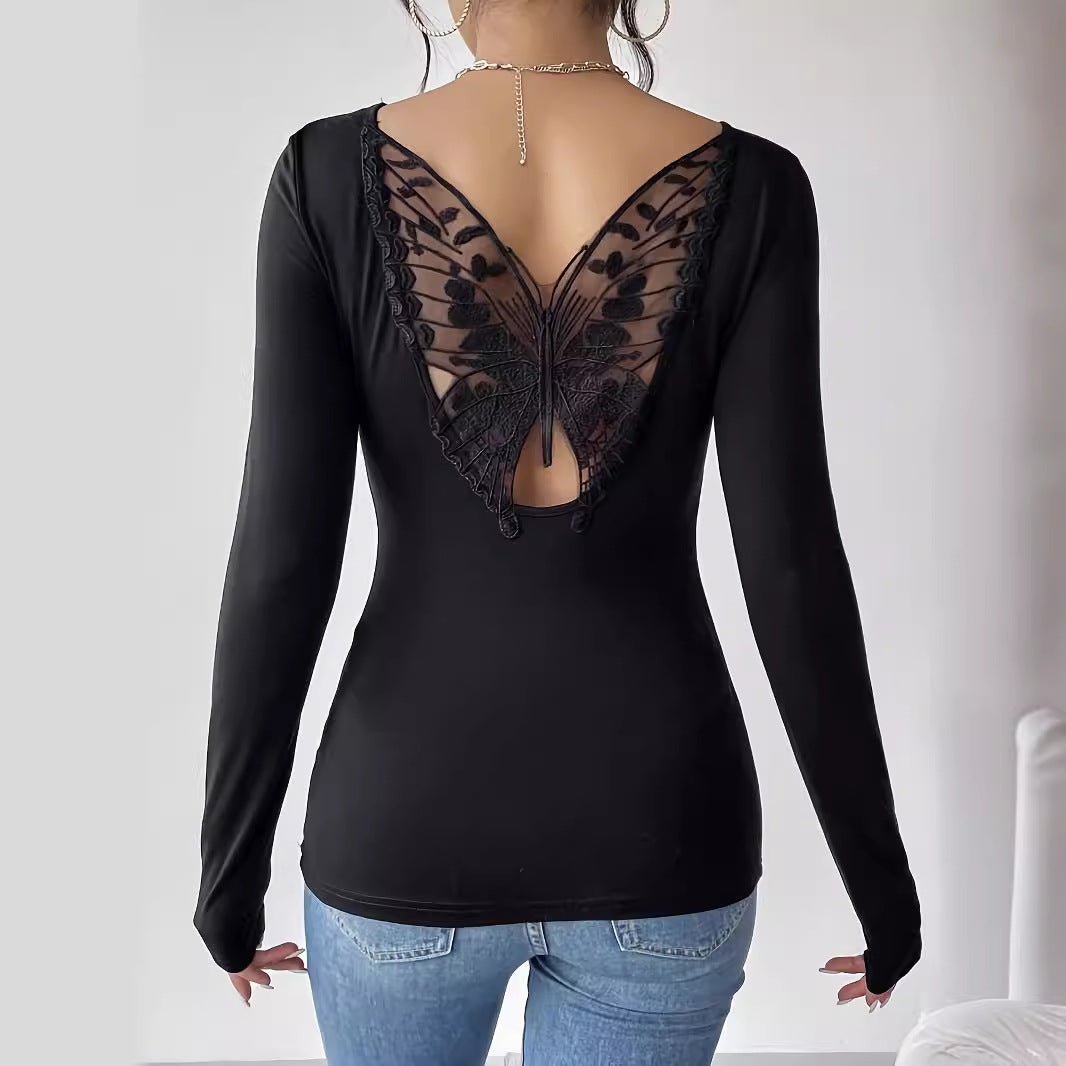 2025 new elegant back hollow sticker Hu Die lace long - sleeved solid color T-shirt slim top - Negative Apparel