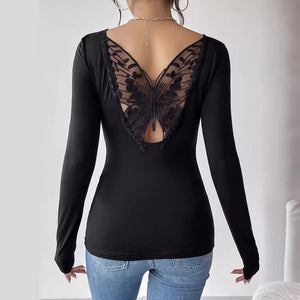 2025 new elegant back hollow sticker Hu Die lace long - sleeved solid color T-shirt slim top - Negative Apparel