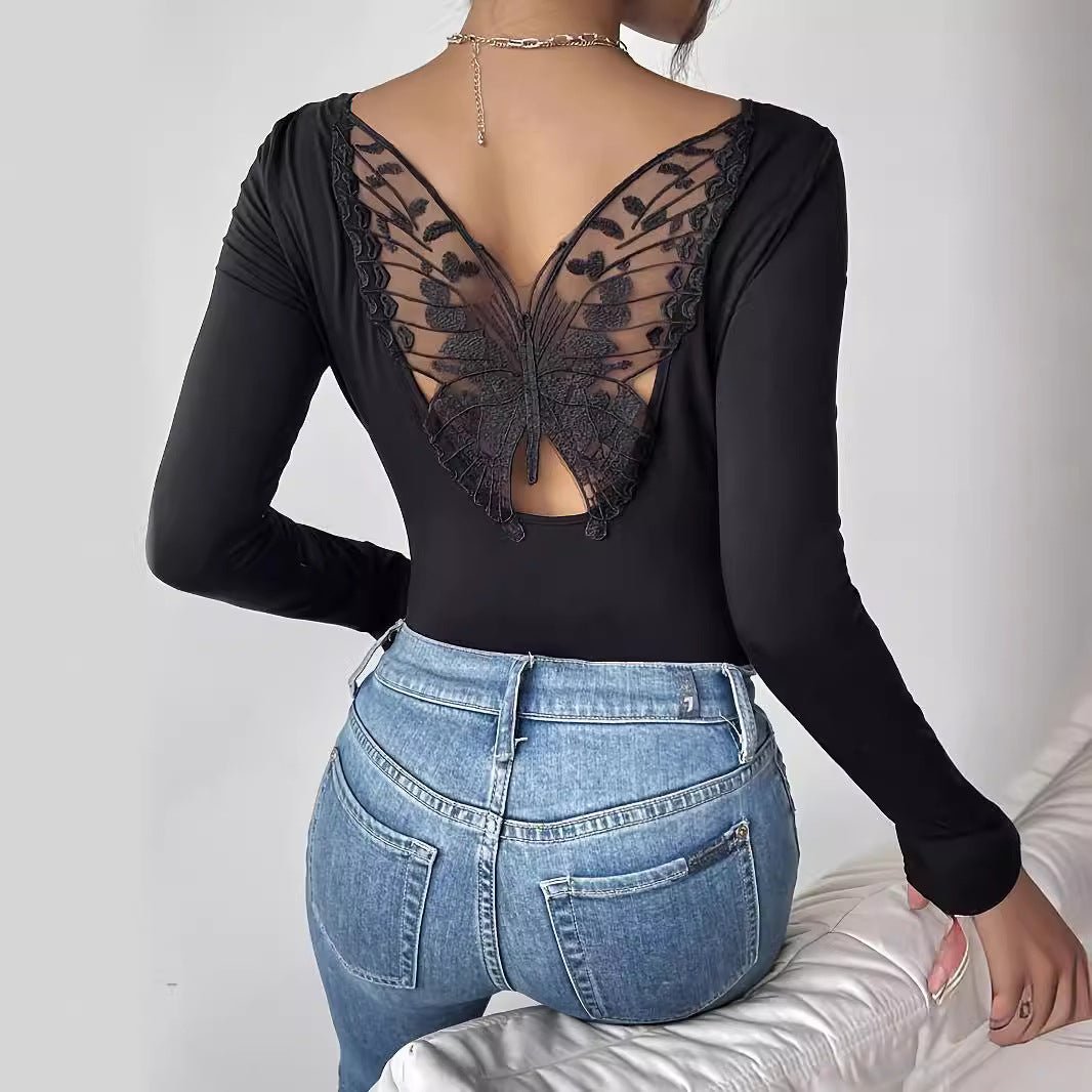 2025 new elegant back hollow sticker Hu Die lace long - sleeved solid color T-shirt slim top - Negative Apparel
