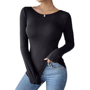 2025 new elegant back hollow sticker Hu Die lace long - sleeved solid color T-shirt slim top - Negative Apparel