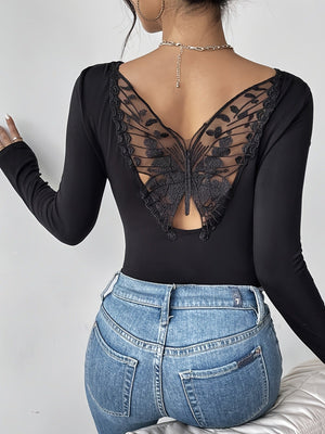 2025 new elegant back hollow sticker Hu Die lace long - sleeved solid color T-shirt slim top - Negative Apparel