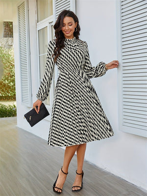 2025 new elegant dress lantern sleeves pleated waist a - line long - sleeved dress - Negative Apparel