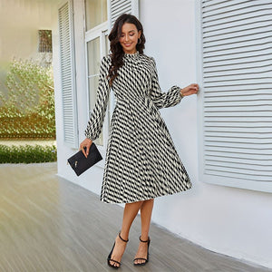 2025 new elegant dress lantern sleeves pleated waist a - line long - sleeved dress - Negative Apparel