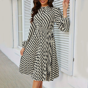 2025 new elegant dress lantern sleeves pleated waist a - line long - sleeved dress - Negative Apparel