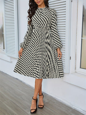 2025 new elegant dress lantern sleeves pleated waist a - line long - sleeved dress - Negative Apparel