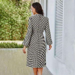 2025 new elegant dress lantern sleeves pleated waist a - line long - sleeved dress - Negative Apparel