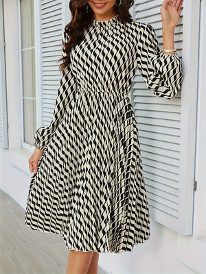 2025 new elegant dress lantern sleeves pleated waist a - line long - sleeved dress - Negative Apparel