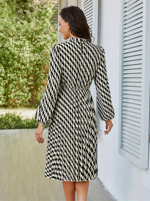 2025 new elegant dress lantern sleeves pleated waist a - line long - sleeved dress - Negative Apparel