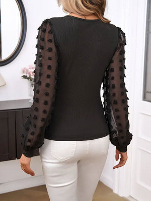 2025 new elegant jacquard fabric stretch top slim see - through V - neck puff sleeve long - sleeved T-shirt - Negative Apparel