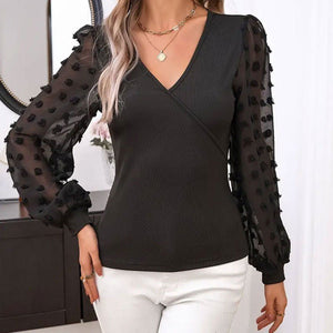 2025 new elegant jacquard fabric stretch top slim see - through V - neck puff sleeve long - sleeved T-shirt - Negative Apparel