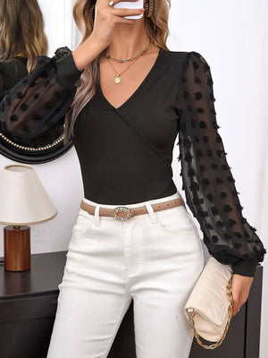 2025 new elegant jacquard fabric stretch top slim see - through V - neck puff sleeve long - sleeved T-shirt - Negative Apparel