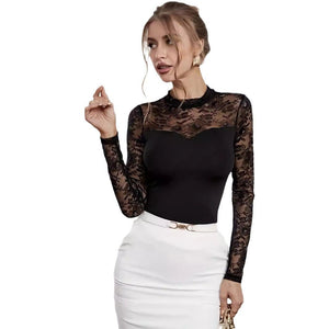 2025 new elegant lace splicing long - sleeved outer wear small stand - up collar slim T-shirt top women - Negative Apparel