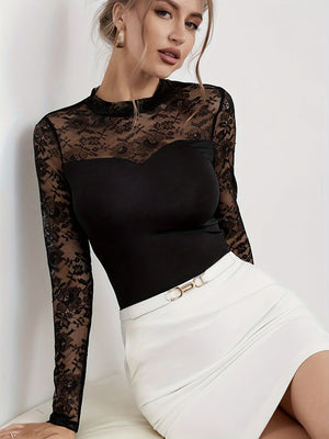 2025 new elegant lace splicing long - sleeved outer wear small stand - up collar slim T-shirt top women - Negative Apparel