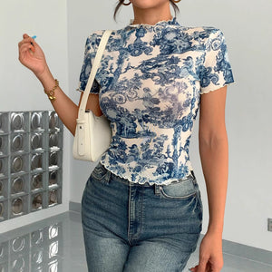 2025 new elegant mesh printing fungus edge short - sleeved T-shirt slim top women - Negative Apparel