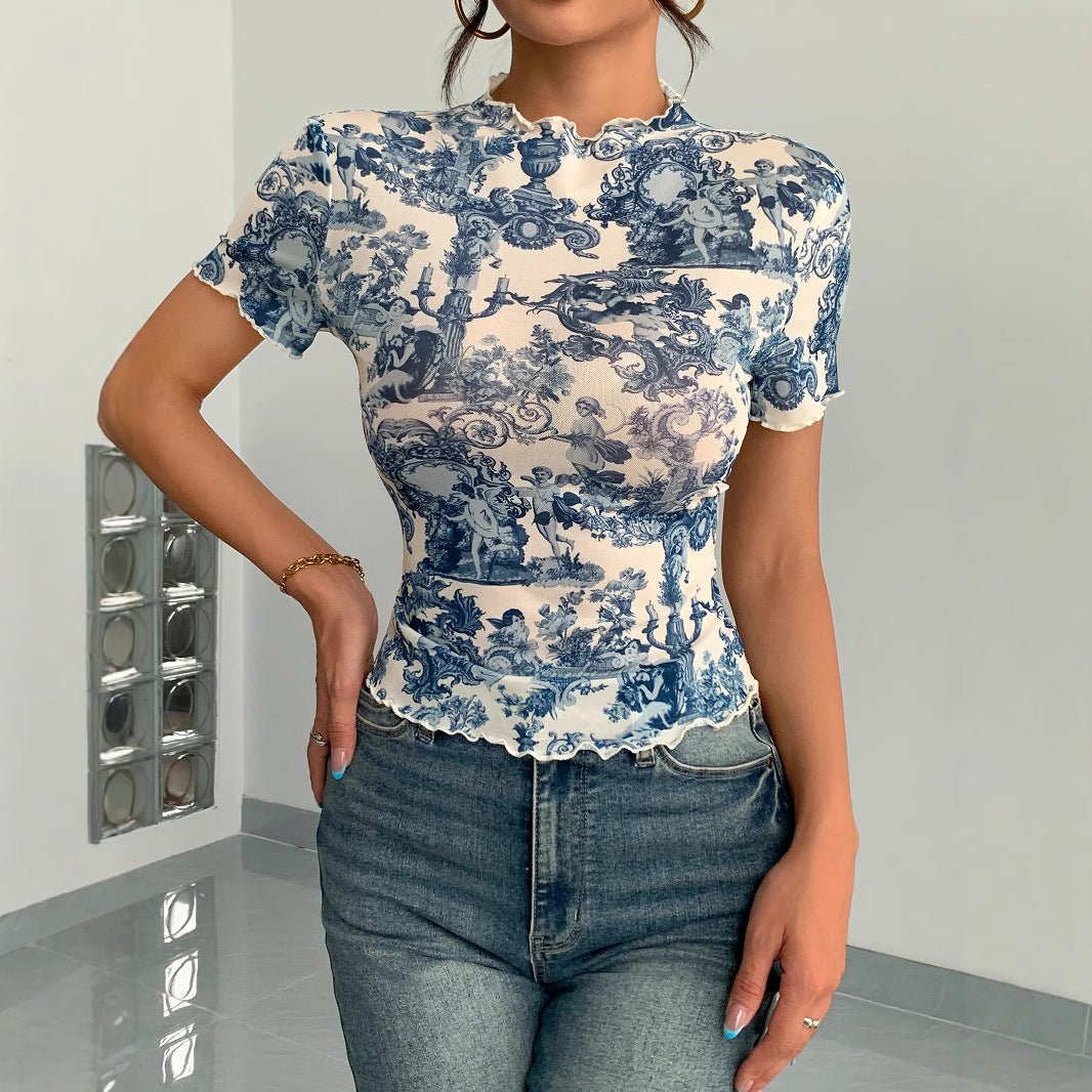 2025 new elegant mesh printing fungus edge short - sleeved T-shirt slim top women - Negative Apparel