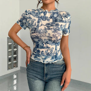 2025 new elegant mesh printing fungus edge short - sleeved T-shirt slim top women - Negative Apparel
