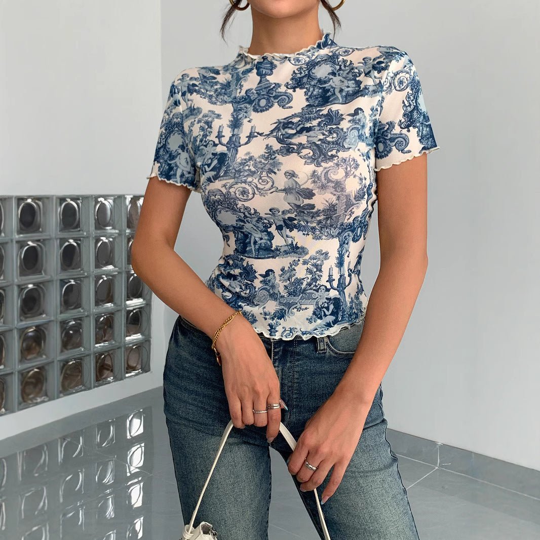 2025 new elegant mesh printing fungus edge short - sleeved T-shirt slim top women - Negative Apparel