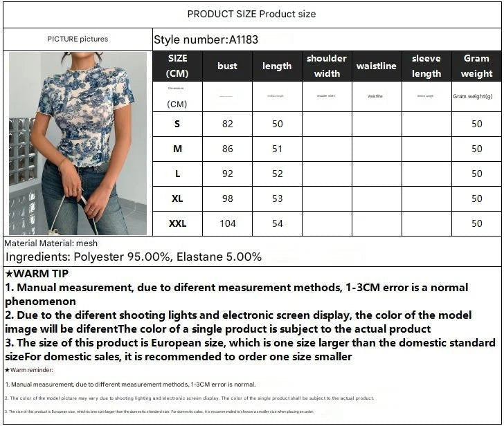 2025 new elegant mesh printing fungus edge short - sleeved T-shirt slim top women - Negative Apparel
