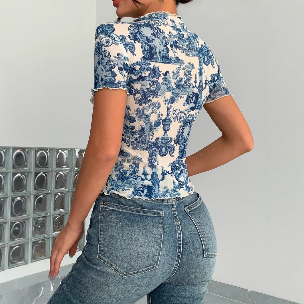 2025 new elegant mesh printing fungus edge short - sleeved T-shirt slim top women - Negative Apparel