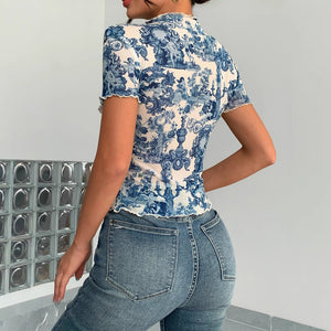 2025 new elegant mesh printing fungus edge short - sleeved T-shirt slim top women - Negative Apparel