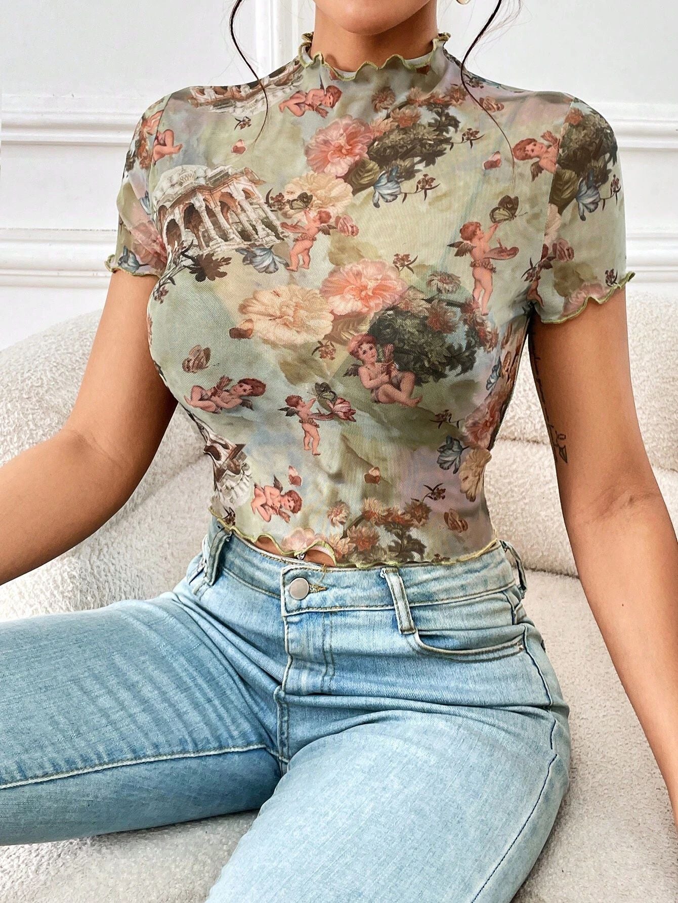 2025 new elegant mesh printing fungus edge short - sleeved T-shirt slim top women's clothing - Negative Apparel