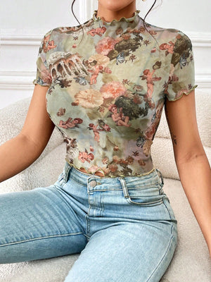2025 new elegant mesh printing fungus edge short - sleeved T-shirt slim top women's clothing - Negative Apparel