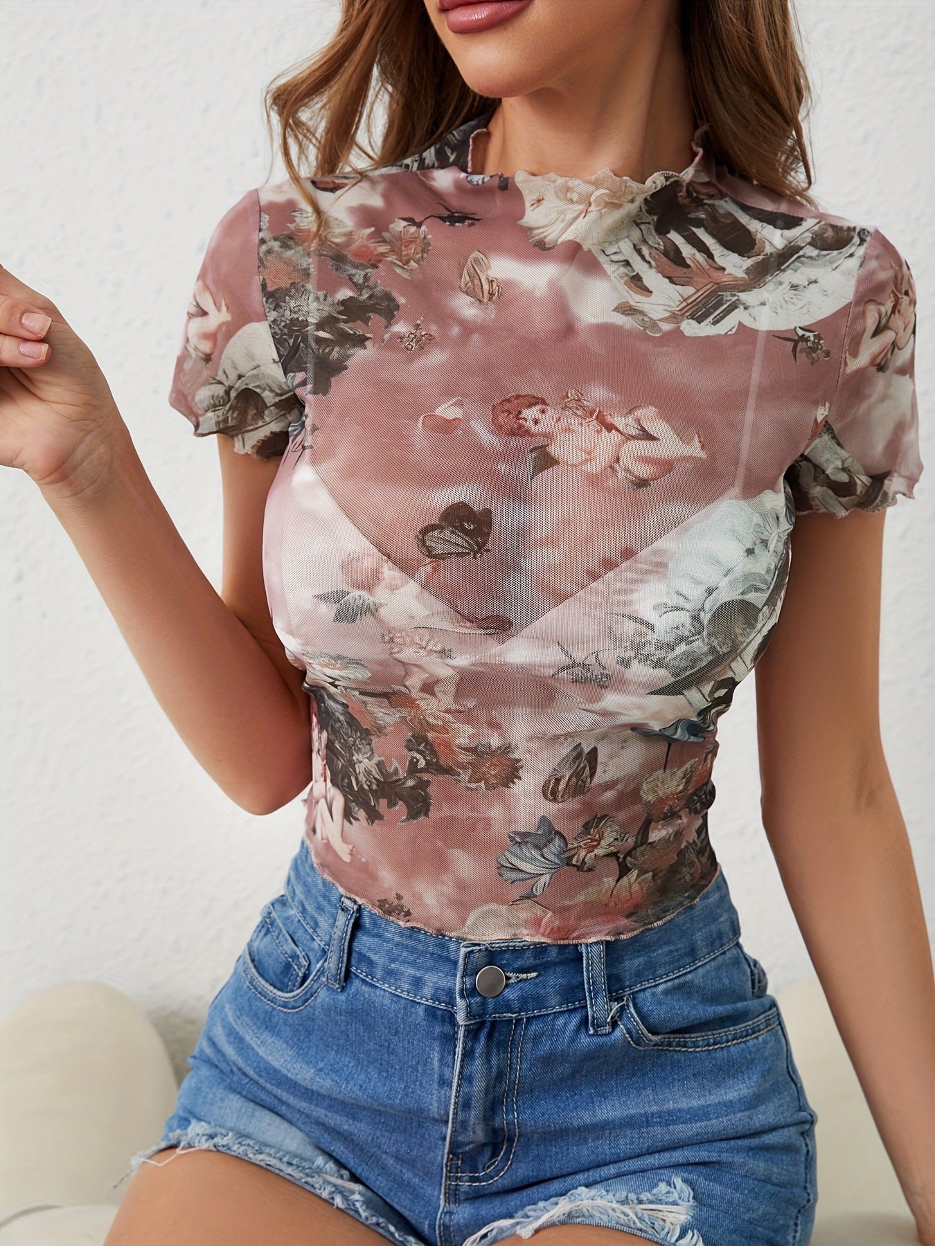 2025 new elegant mesh printing fungus edge short - sleeved T-shirt slim top women's clothing - Negative Apparel