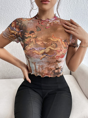 2025 new elegant mesh printing fungus edge short - sleeved T-shirt slim top women's clothing - Negative Apparel