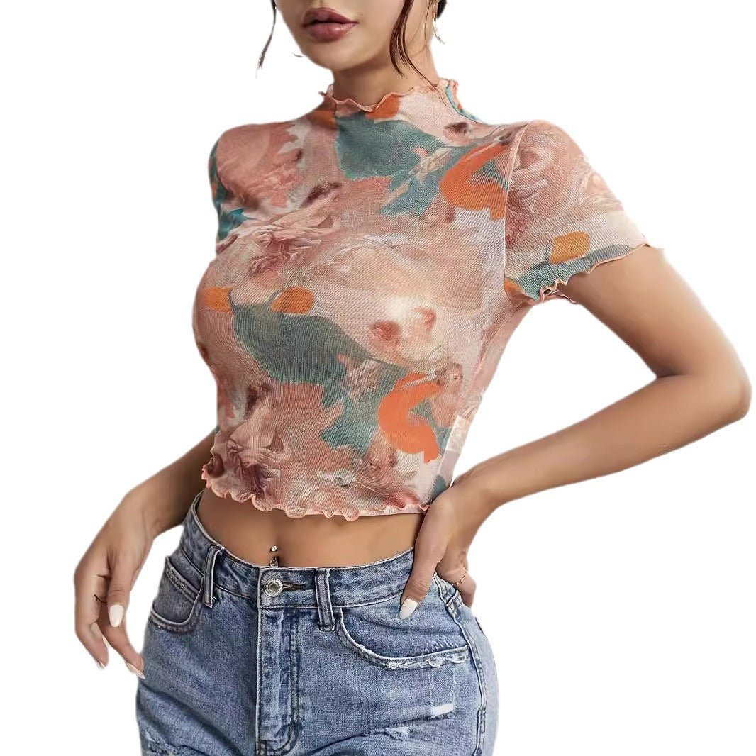 2025 new elegant mesh printing fungus edge short - sleeved T-shirt slim top women's clothing - Negative Apparel