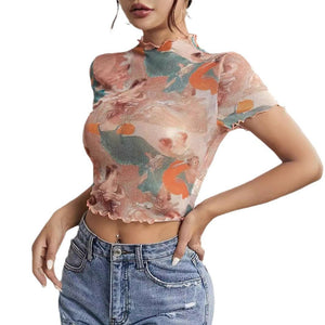 2025 new elegant mesh printing fungus edge short - sleeved T-shirt slim top women's clothing - Negative Apparel
