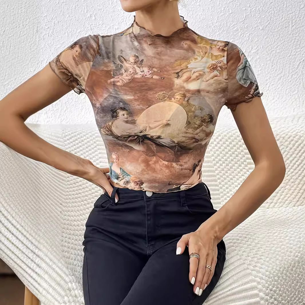 2025 new elegant mesh printing fungus edge short - sleeved T-shirt slim top women's clothing - Negative Apparel