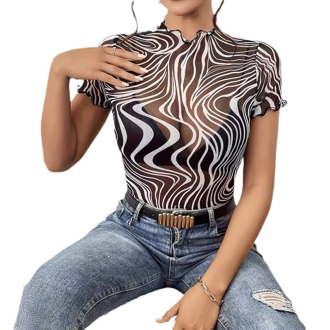 2025 new elegant mesh printing striped fungus edge short - sleeved T-shirt slim top women's clothing - Negative Apparel