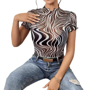 2025 new elegant mesh printing striped fungus edge short - sleeved T-shirt slim top women's clothing - Negative Apparel