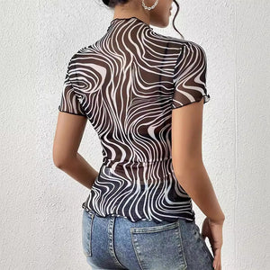 2025 new elegant mesh printing striped fungus edge short - sleeved T-shirt slim top women's clothing - Negative Apparel