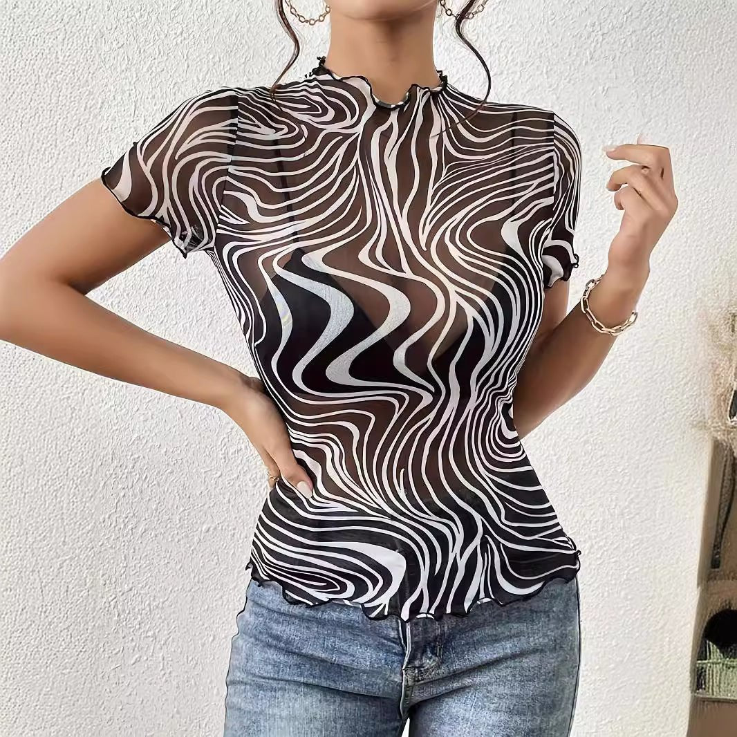 2025 new elegant mesh printing striped fungus edge short - sleeved T-shirt slim top women's clothing - Negative Apparel