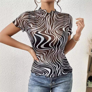 2025 new elegant mesh printing striped fungus edge short - sleeved T-shirt slim top women's clothing - Negative Apparel