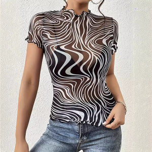 2025 new elegant mesh printing striped fungus edge short - sleeved T-shirt slim top women's clothing - Negative Apparel