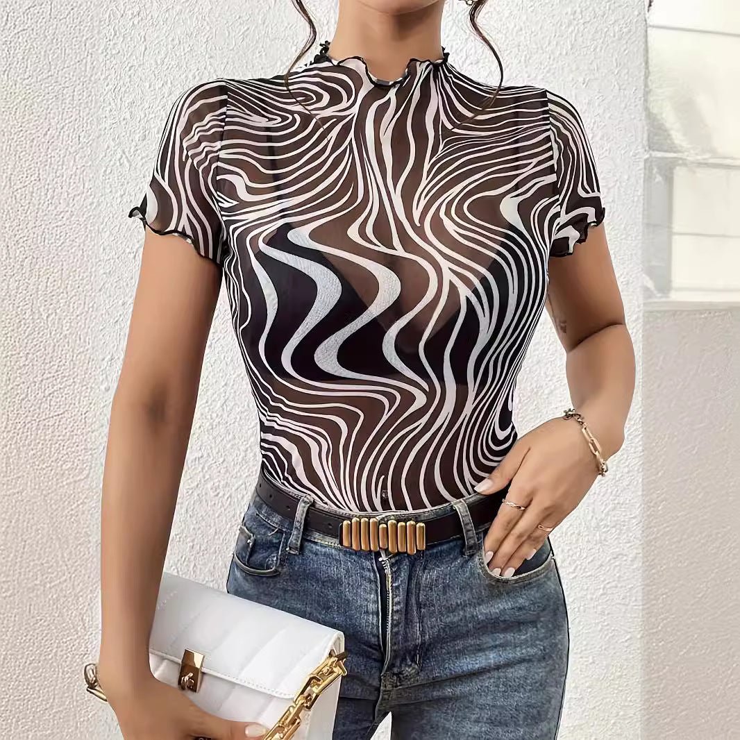 2025 new elegant mesh printing striped fungus edge short - sleeved T-shirt slim top women's clothing - Negative Apparel
