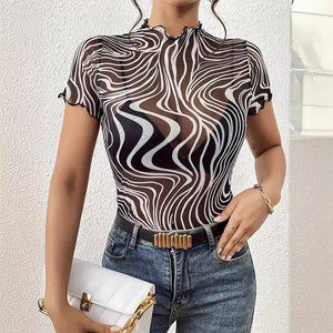 2025 new elegant mesh printing striped fungus edge short - sleeved T-shirt slim top women's clothing - Negative Apparel