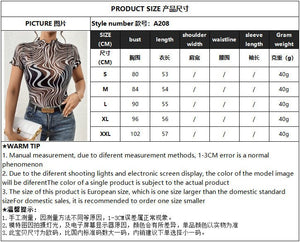 2025 new elegant mesh printing striped fungus edge short - sleeved T-shirt slim top women's clothing - Negative Apparel