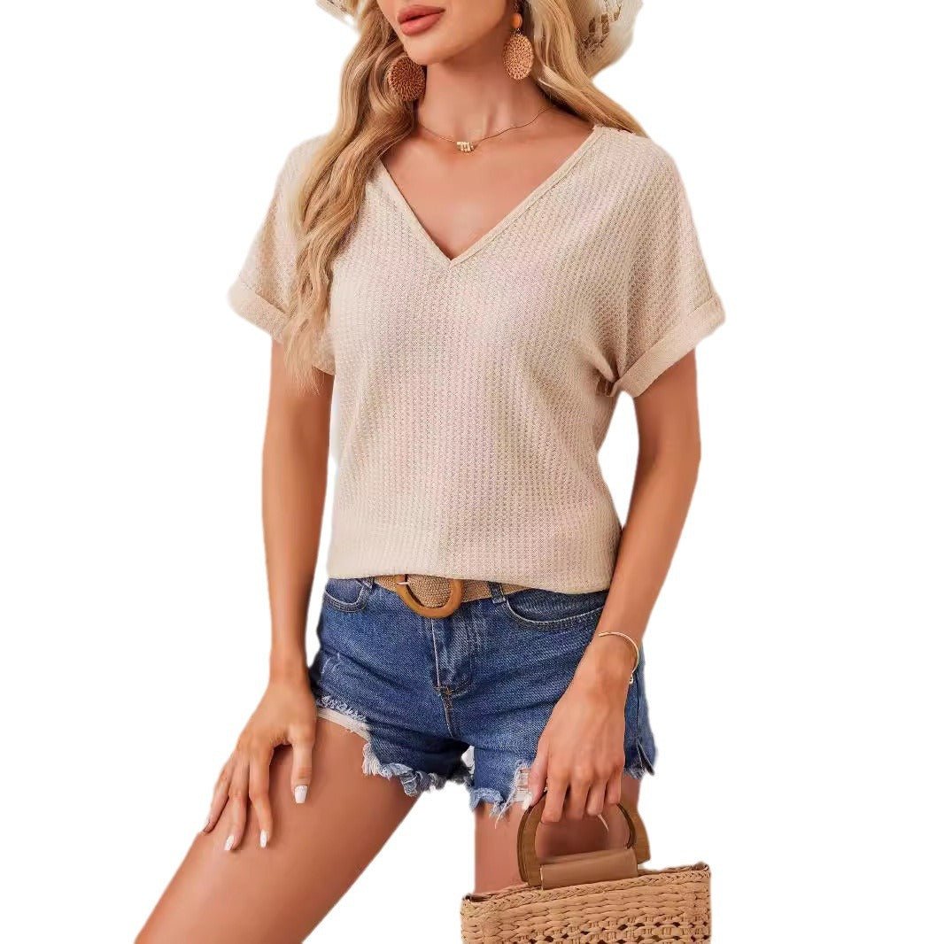 2025 new elegant V - neck back hollow splicing fashionable lace bat sleeve T-shirt women's clothing - Negative Apparel