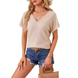 2025 new elegant V - neck back hollow splicing fashionable lace bat sleeve T-shirt women's clothing - Negative Apparel