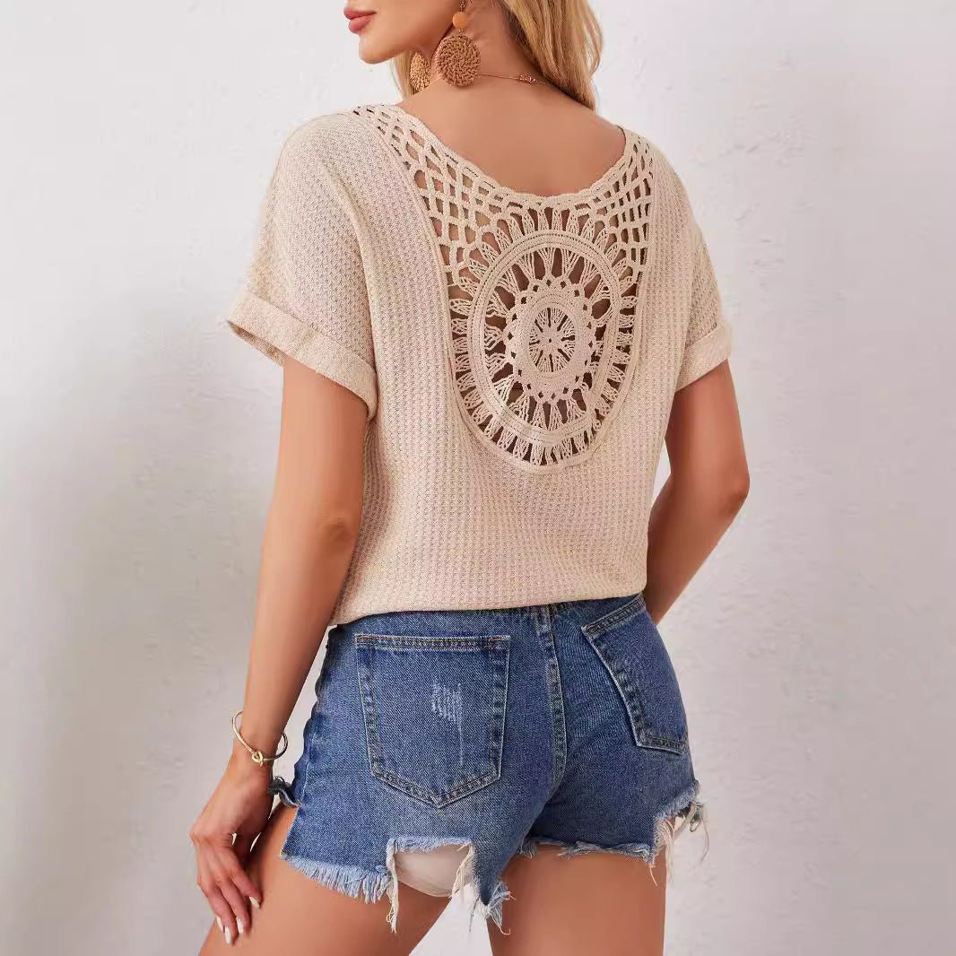 2025 new elegant V - neck back hollow splicing fashionable lace bat sleeve T-shirt women's clothing - Negative Apparel