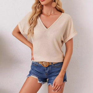 2025 new elegant V - neck back hollow splicing fashionable lace bat sleeve T-shirt women's clothing - Negative Apparel