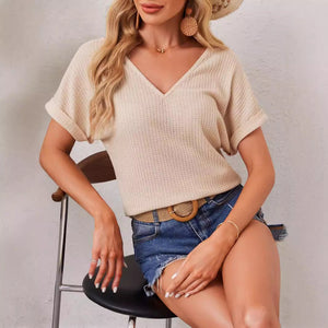 2025 new elegant V - neck back hollow splicing fashionable lace bat sleeve T-shirt women's clothing - Negative Apparel