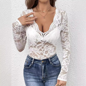2025 new elegant V - neck fan - shaped collar edge single - layer lace long - sleeved T-shirt slim and thin women - Negative Apparel