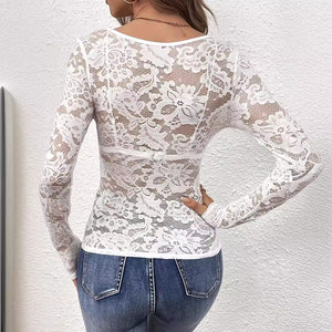 2025 new elegant V - neck fan - shaped collar edge single - layer lace long - sleeved T-shirt slim and thin women - Negative Apparel
