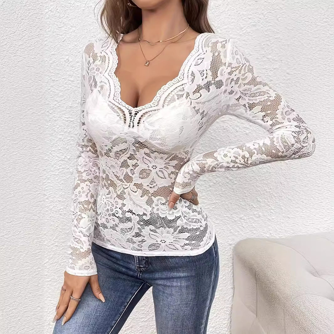 2025 new elegant V - neck fan - shaped collar edge single - layer lace long - sleeved T-shirt slim and thin women - Negative Apparel
