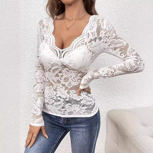 2025 new elegant V - neck fan - shaped collar edge single - layer lace long - sleeved T-shirt slim and thin women - Negative Apparel